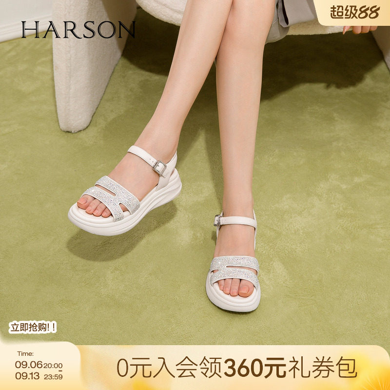 哈森夏日清凉透气一字带凉鞋女闪耀水钻舒适凉鞋2026新款HM267147图片