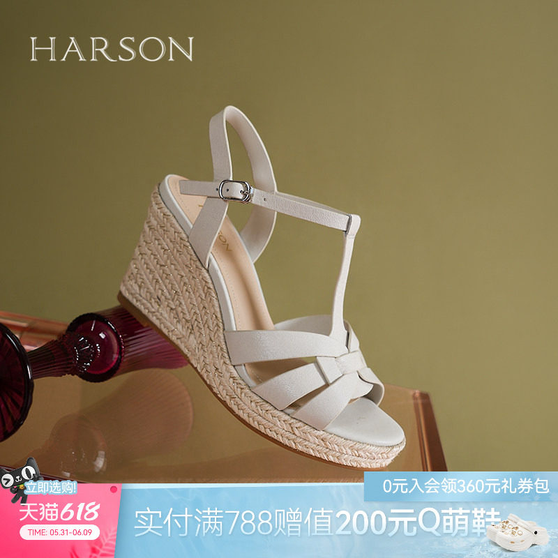 哈森时尚草编坡跟凉鞋夏季新款高跟防水台罗马凉鞋女HM257139