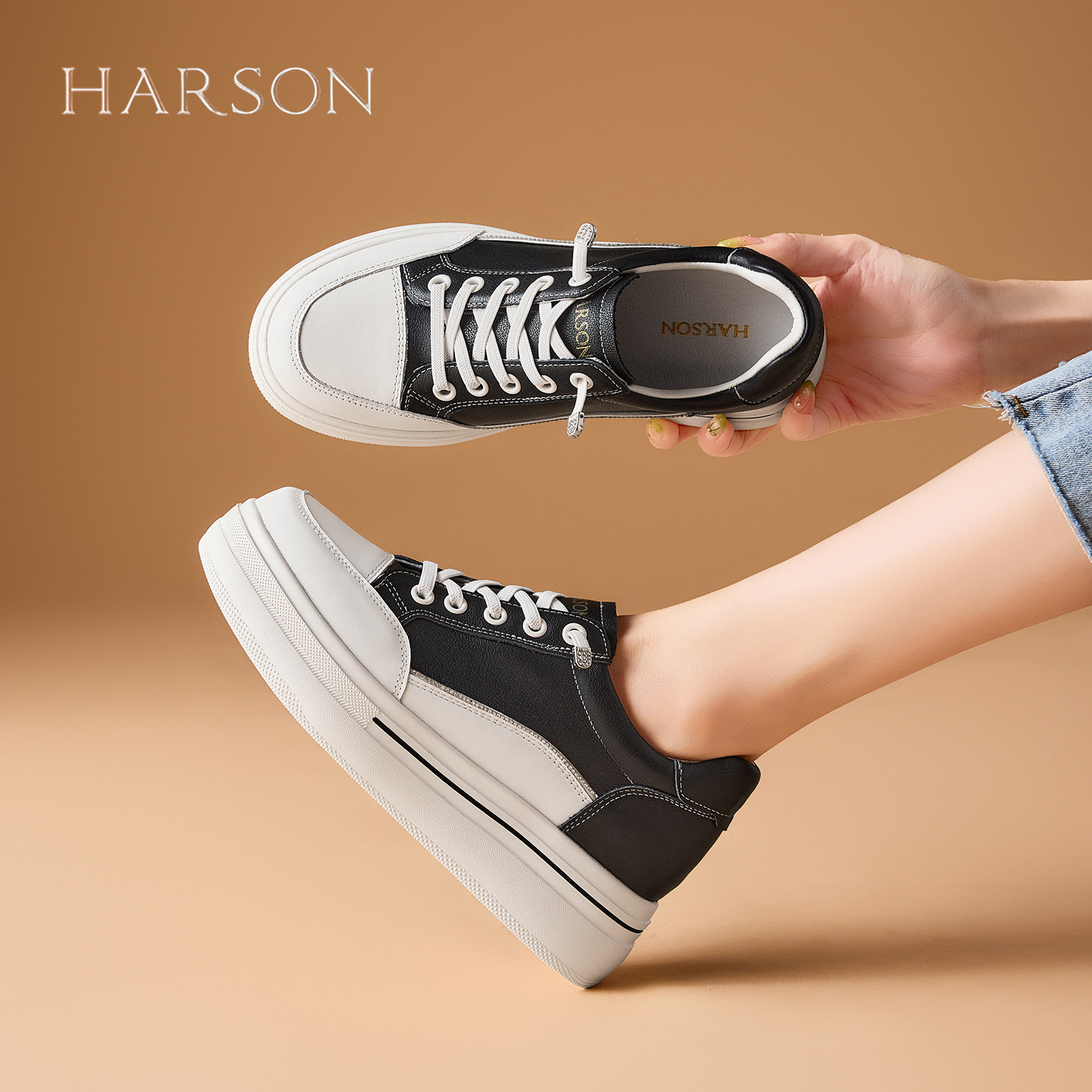 哈森厚底小白鞋女鞋子2026春秋舒适时尚百搭增高女鞋运动板鞋