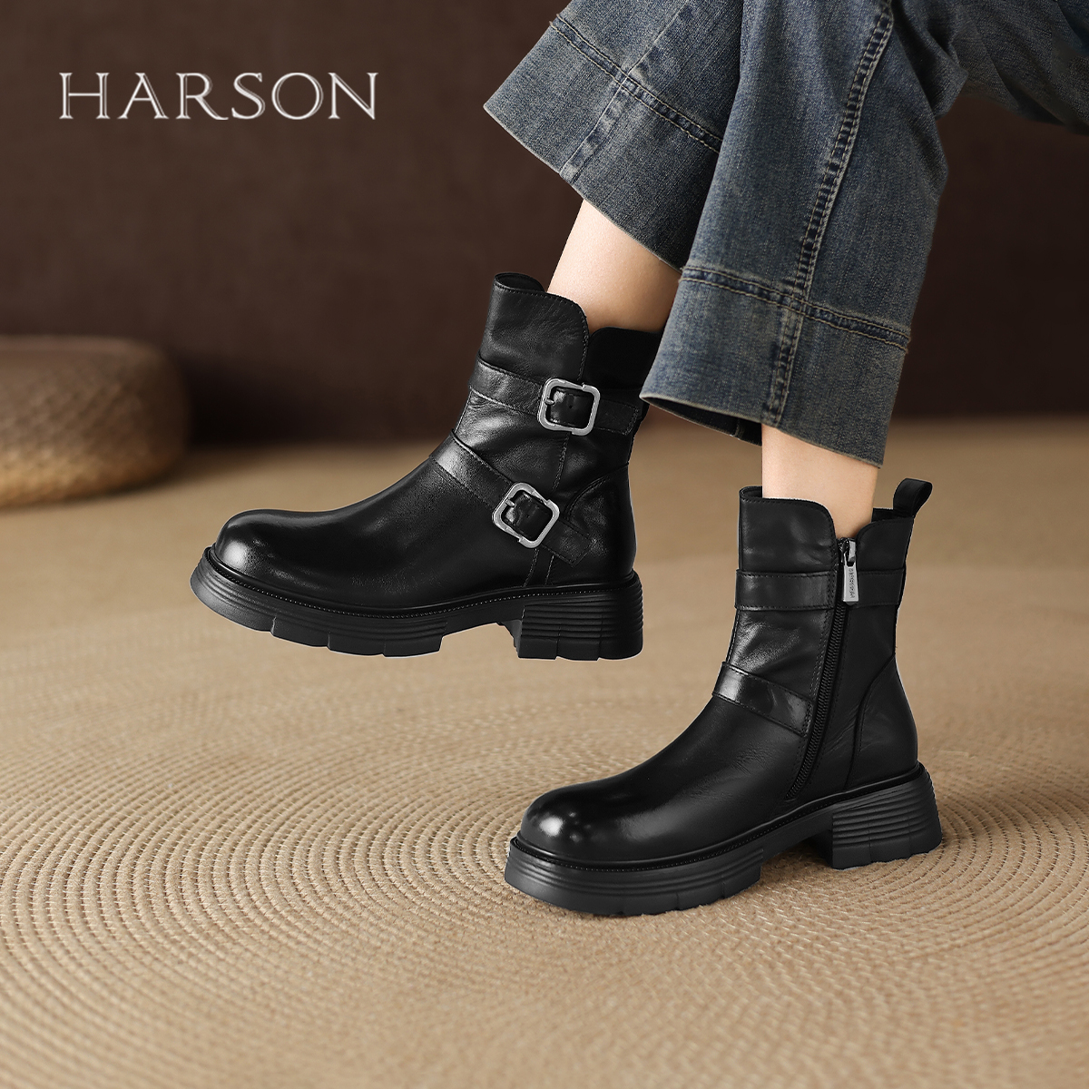 哈森复古西部牛仔靴厚底增高
