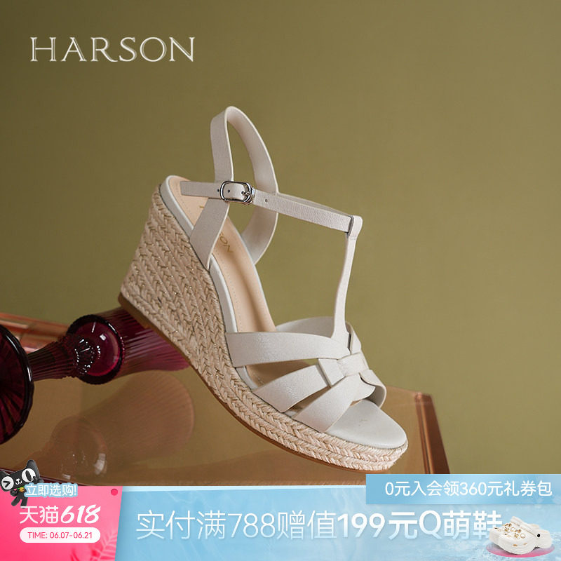 哈森时尚草编坡跟凉鞋夏季新款高跟防水台罗马凉鞋女HM257139