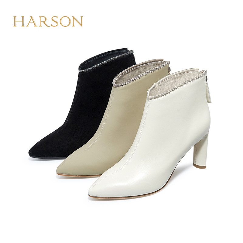 哈森法式尖头粗高跟时装靴短筒女靴秋冬新款短靴踝靴子HA22713