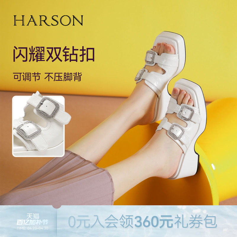 哈森时尚外穿一字拖鞋夏季新款双钻扣厚底增高女鞋HWM250147