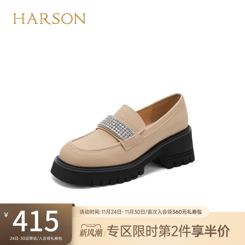 哈森休闲方跟方头乐福鞋