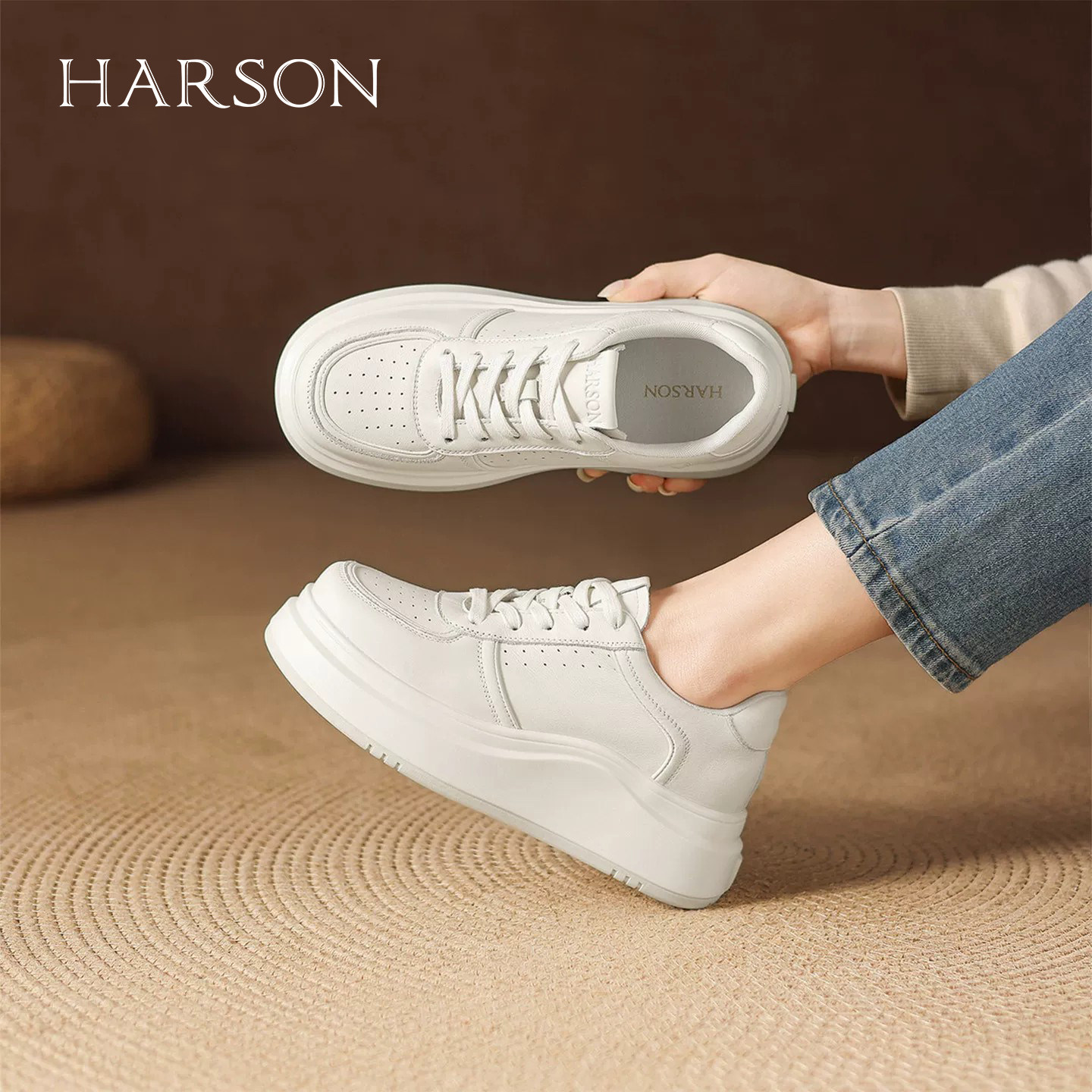 HARSON厚底系带小白鞋女舒适