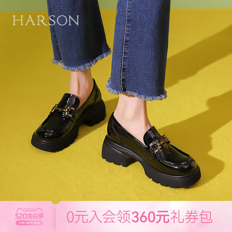 哈森饰扣英伦乐福鞋厚底增高通勤百搭时尚女鞋秋新品HL254101