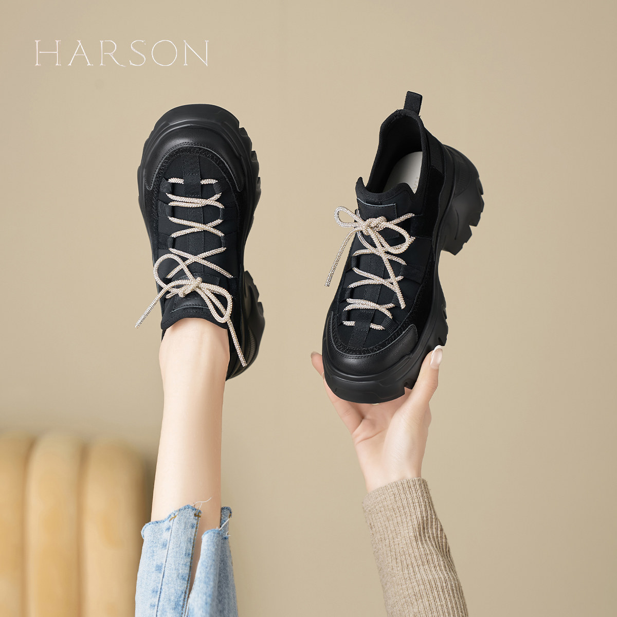 哈森厚底老爹鞋女2026春季新款爆款百搭舒适增高休闲复古运动鞋