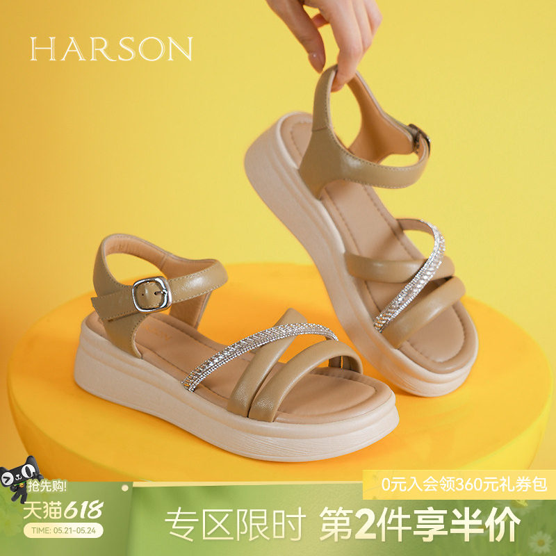 哈森真皮厚底凉鞋女夏季新款水钻一字带沙滩鞋HWM250101
