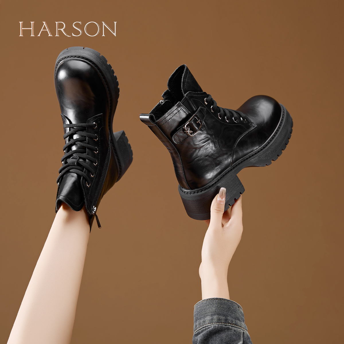 户外系带厚底马丁靴哈森阿么古纹