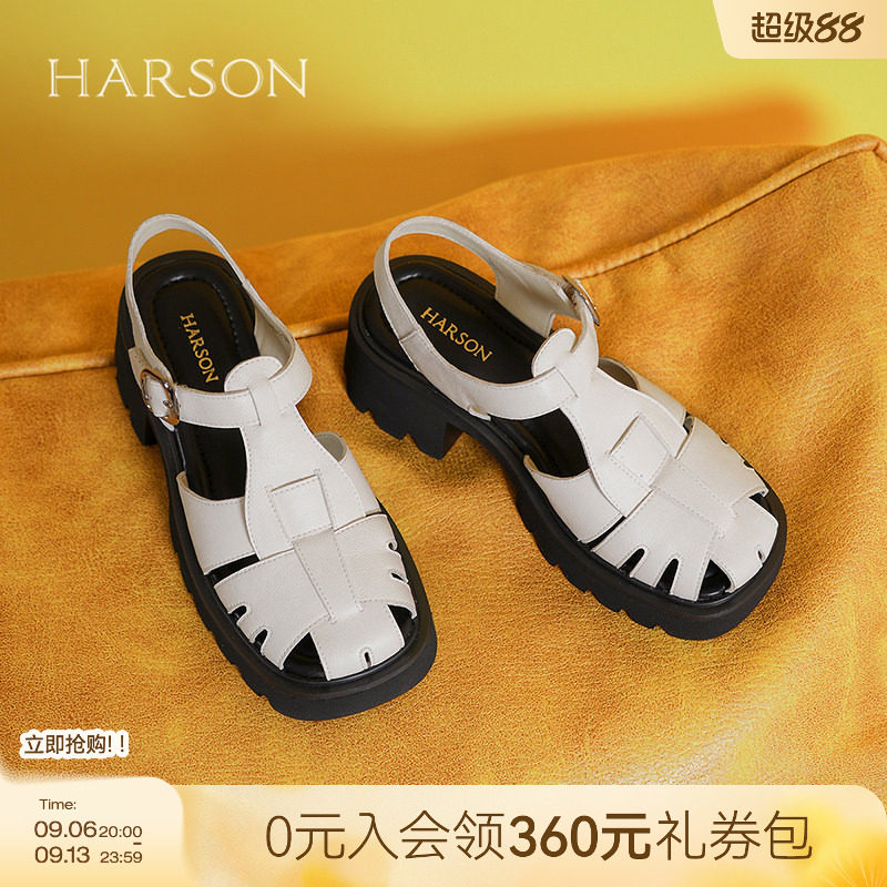 哈森复古真皮罗马鞋夏季新款编织粗跟厚底休闲凉鞋HWM250119