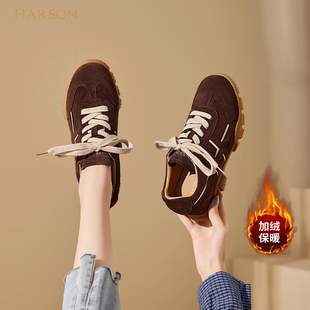 百搭真皮户外运动休闲板鞋 哈森复古加绒德训鞋 爆款 子25秋冬季 女鞋