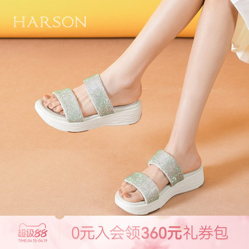 哈森厚底松糕凉拖鞋女夏季新款时尚水钻休闲一字拖鞋HM257168