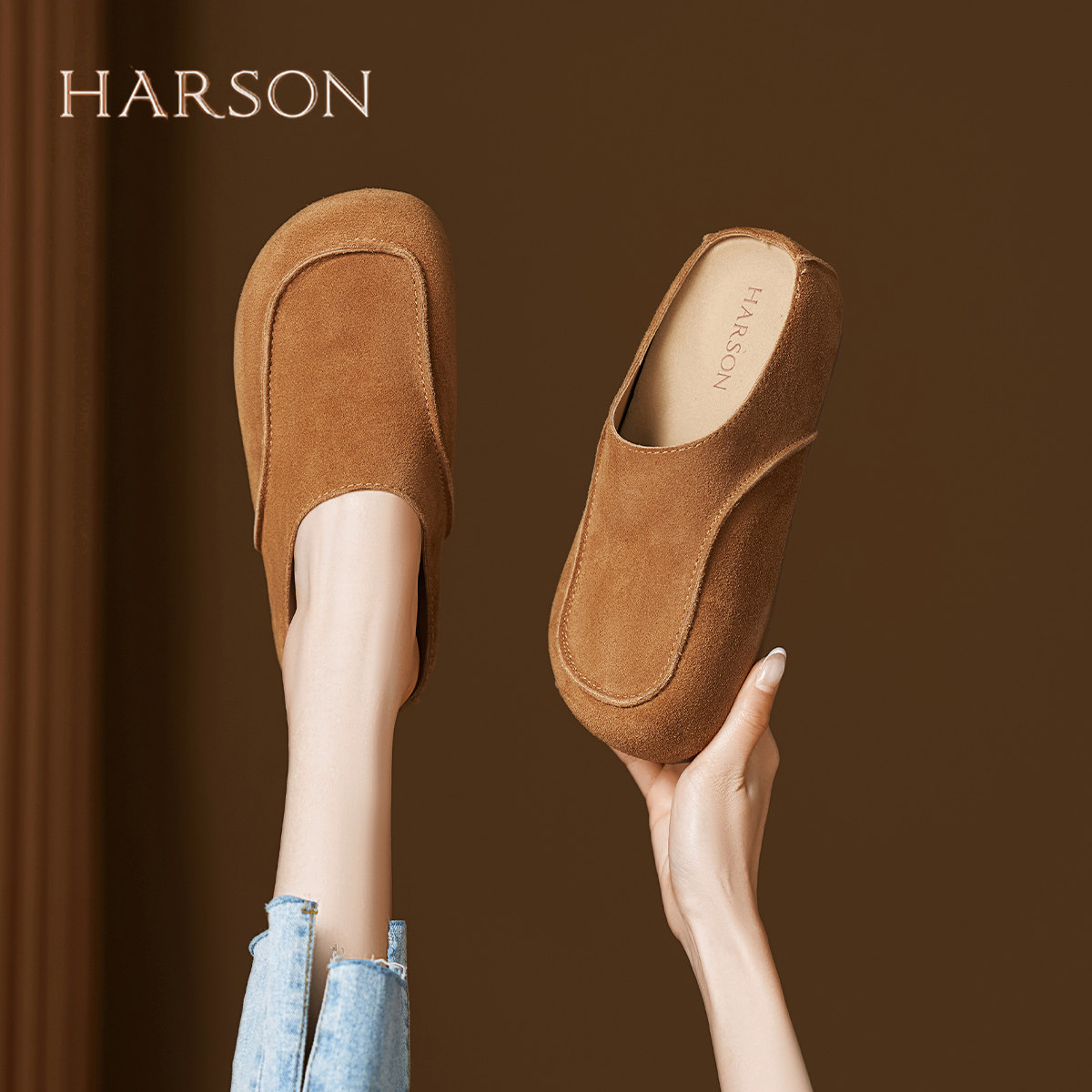 哈森一脚蹬勃肯鞋女2026春季新款爆款豆豆鞋平底单鞋休闲乐福鞋子