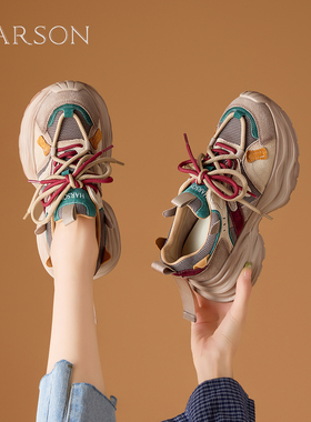 哈森增高6cm厚底增高复古老爹鞋女鞋子2025秋季新款休闲运动鞋