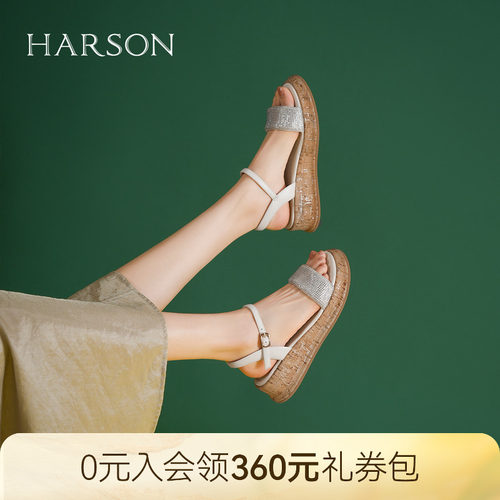哈森厚底休闲凉鞋女夏季新款一字扣露趾罗马鞋HM257159