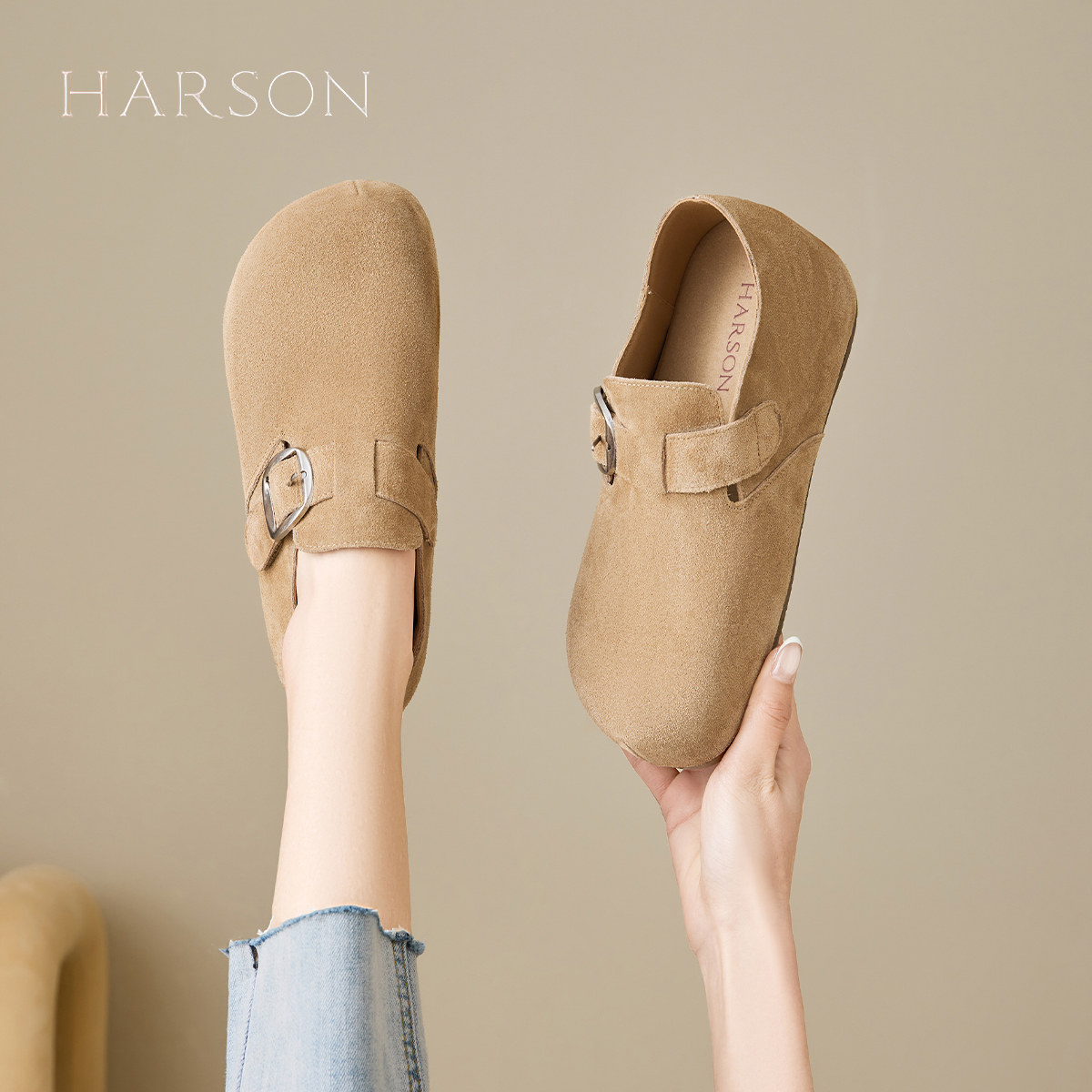 哈森复古勃肯鞋女鞋子2026春季新款舒适休闲鞋一脚蹬软底平底鞋