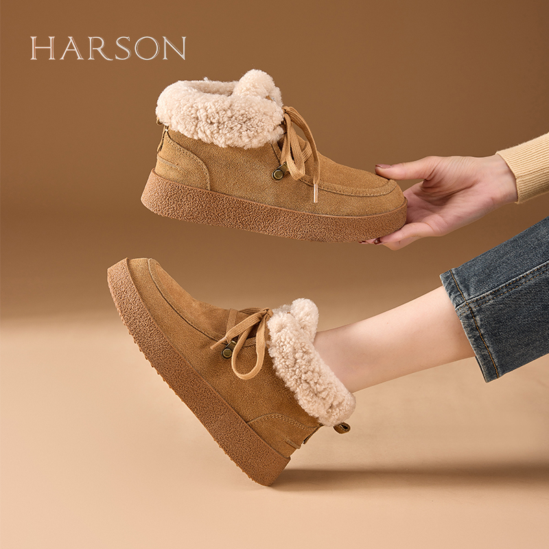 哈森高帮棉鞋女款羊羔毛