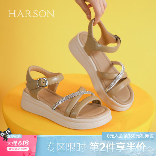 哈森真皮厚底凉鞋女夏季新款水钻一字带沙滩鞋HWM250101