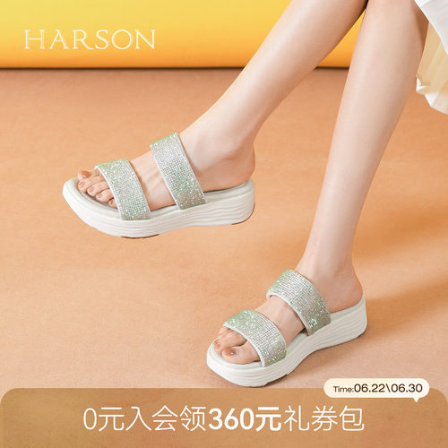 哈森厚底松糕凉拖鞋女夏季新款时尚水钻休闲一字拖鞋HM257168