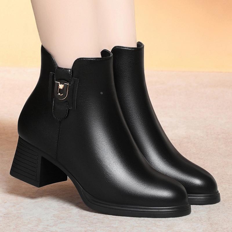 欧洲站一件粗跟短靴女新款秋冬季棉鞋瘦瘦靴圆头中跟短筒靴加绒皮