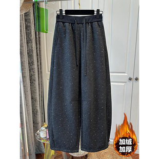 重工烫钻宽松显瘦直筒裤 新款 女2025秋冬季 洋气减龄加绒休闲弯刀裤