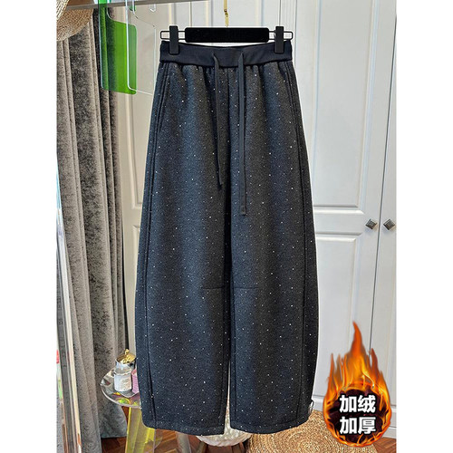 加绒烫钻显瘦弯刀直筒裤女秋冬
