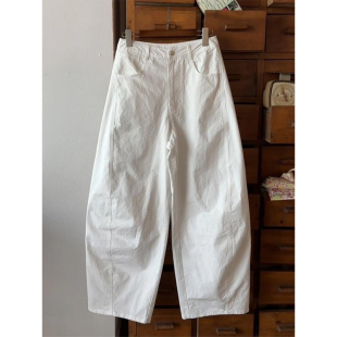 梨型胖妹妹宽松休闲裤 显瘦白色弯刀裤 女春秋新款 慵懒风高腰九分裤