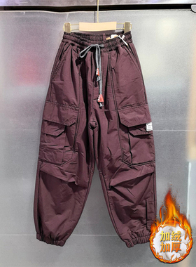 加绒加厚多口袋工装裤女秋冬新款百搭时髦束口裤设计感宽松休闲裤