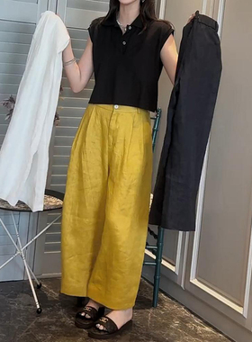 高级感亚麻黄色阔腿裤女夏季爆款梨形身材垂感直筒裤百搭九分裤子