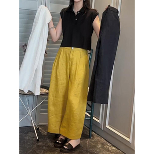 高级感亚麻黄色阔腿裤女夏季爆款梨形身材垂感直筒裤百搭九分裤子