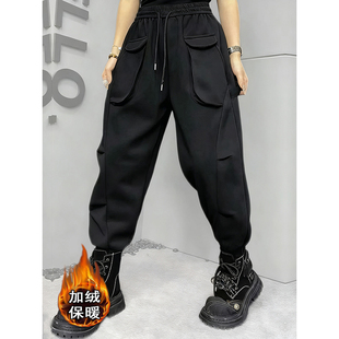 加厚保暖口袋休闲运动裤 黑色设计感加绒工装 大码 女秋冬爆款 束脚裤