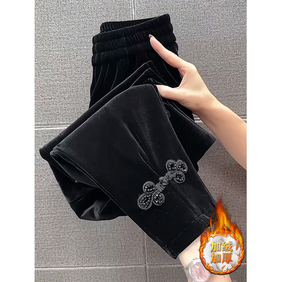 秋冬季新中式盘扣丝绒奶奶裤子女