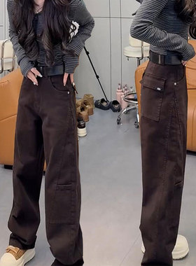 高端欧货复古加绒阔腿工装裤女秋冬季爆款报恩神裤宽松显瘦弯刀裤