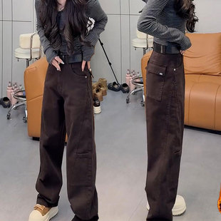 高端欧货复古加绒阔腿工装裤女秋冬季爆款报恩神裤宽松显瘦弯刀裤