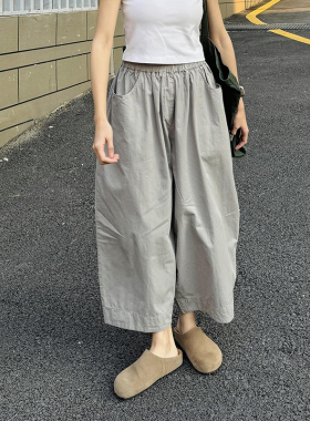高级感灰色高腰阔腿裤女夏季爆款大码胖mm休闲裤显瘦宽松九分裤子