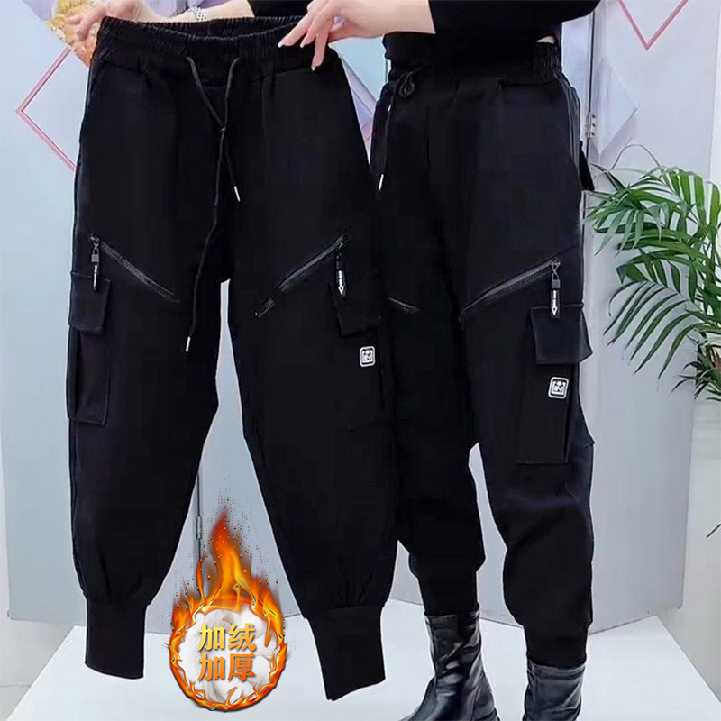 黑色加绒工装裤女秋冬新爆款拉链设计感休闲裤宽松大码遮肉哈伦裤,女装/女士精品,休闲裤,淘宝优惠券,粉丝福利购,淘宝优惠卷