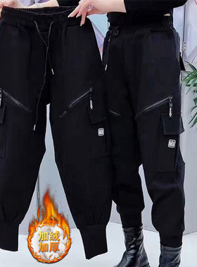 黑色加绒工装裤女秋冬新爆款拉链设计感休闲裤宽松大码遮肉哈伦裤