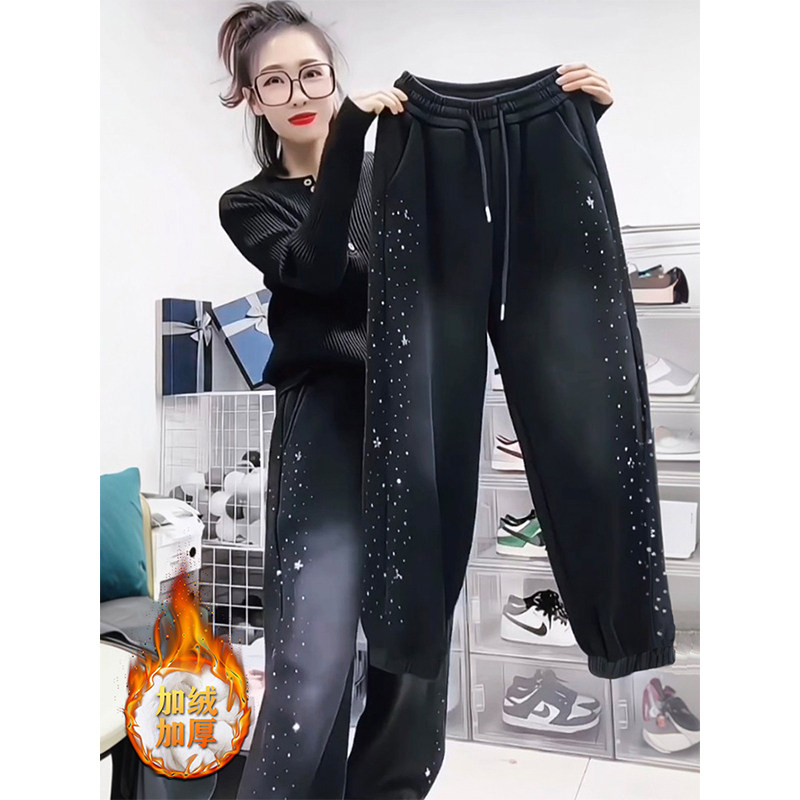 烫钻设计感时髦加绒休闲卫裤女秋冬新款高腰宽松小个子直筒哈伦裤,女装/女士精品,休闲裤,淘宝优惠券,粉丝福利购,淘宝优惠卷