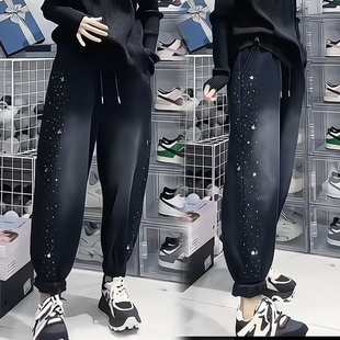 宽松显瘦卫裤 亮闪闪加绒加厚秋冬女大码 松紧腰烫钻设计束脚灯笼裤