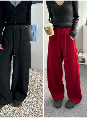 加绒弯刀裤阔腿裤红色休闲裤女2025冬新款显腿长松紧腰抽绳直筒裤