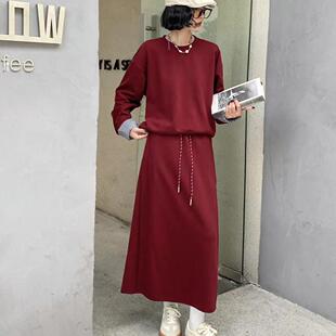 欧货新款休闲时尚圆领长袖卫衣套装女中长款半身裙两件套