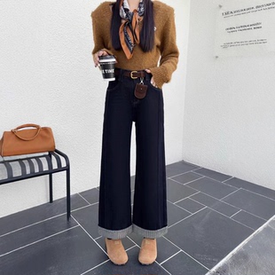 欧货加绒牛仔裤女2025秋冬新款时尚翻脚口九分牛仔阔腿裤配腰带潮