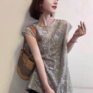 小香风圆领网纱小飞袖 法式 设计感小众洋气百搭T恤女 新款 2025夏季