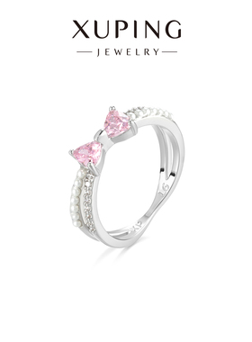 旭平甜美少女粉色细圈双层蝴蝶结粉色戒指女时尚轻奢高级感食指戒