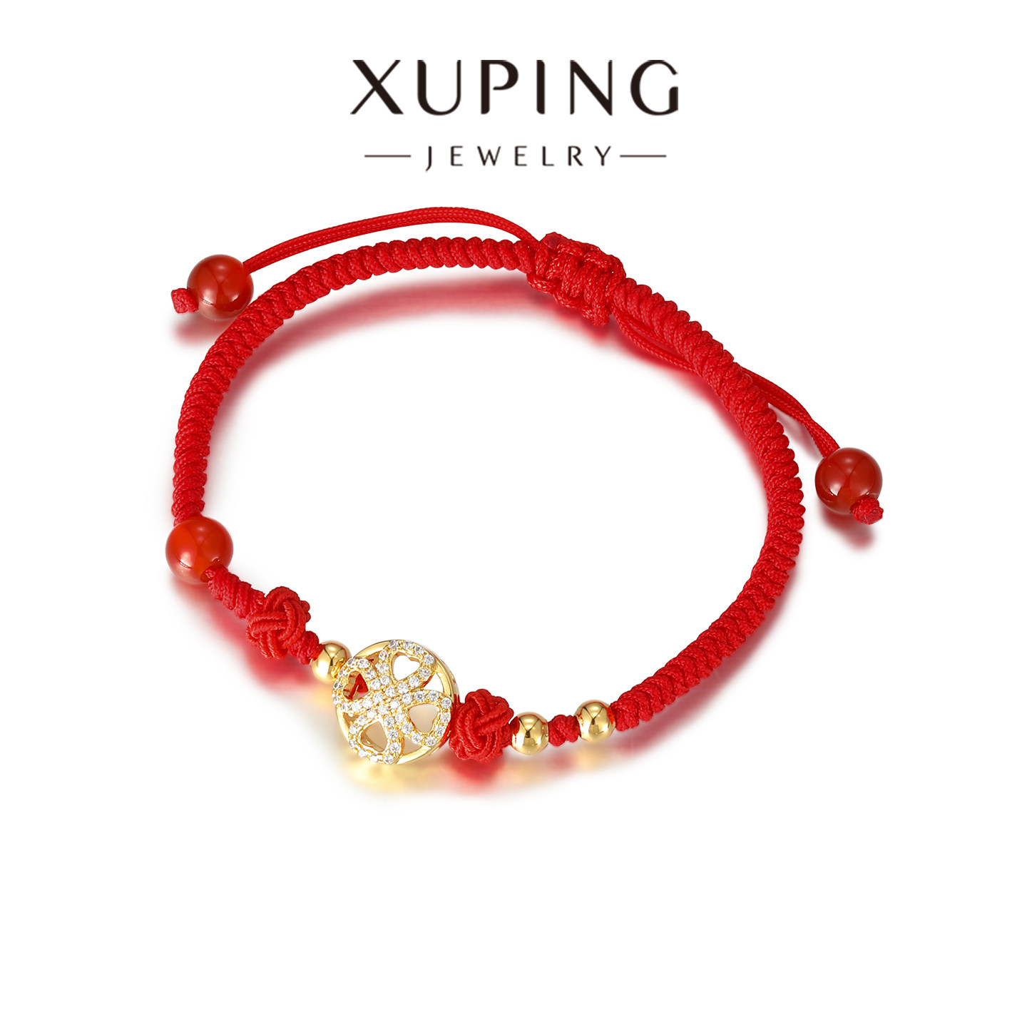 旭平金色四叶花圆珠编织中国结红绳手链红色抽拉手绳复古新年手饰