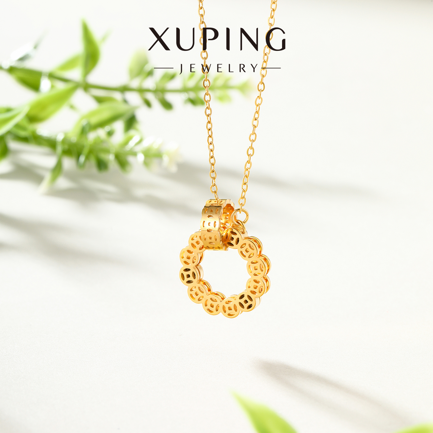 旭平钱币新中式铜钱双环环相扣项链女复古气质母亲节生日七夕送礼