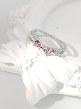 旭平甜美少女粉色细圈双层蝴蝶结粉色戒指女时尚轻奢高级感食指戒