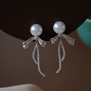 蝴蝶结仿珍珠流苏耳钉甜美温柔丝带气质耳饰 法式 旭平 甜甜奶芙