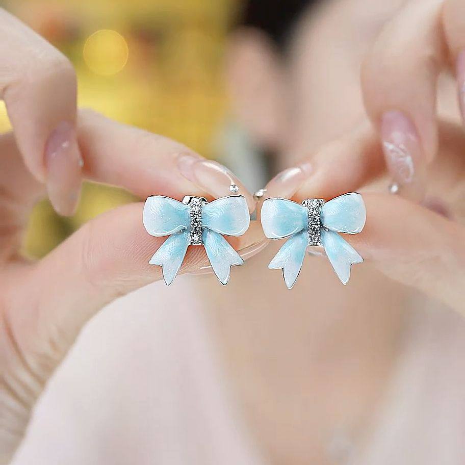 旭平珐琅渐变蓝蝴蝶结耳钉女小众复古甜美小清新简约温柔气质耳饰,饰品/流行首饰/时尚饰品新,耳钉,淘宝优惠券,粉丝福利购,淘宝优惠卷