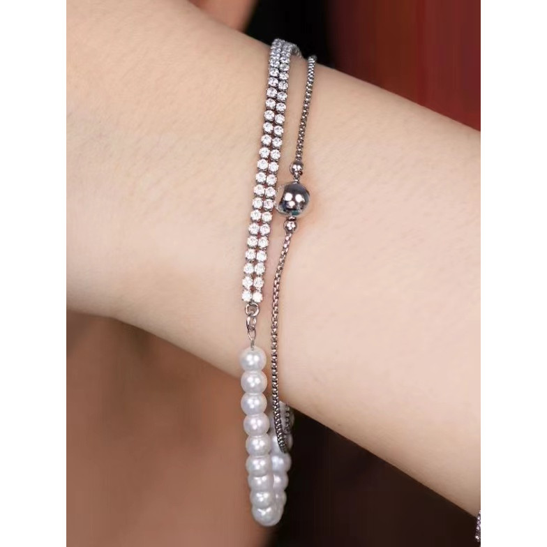 旭平时髦拼接法式双层仿珍珠合金手链